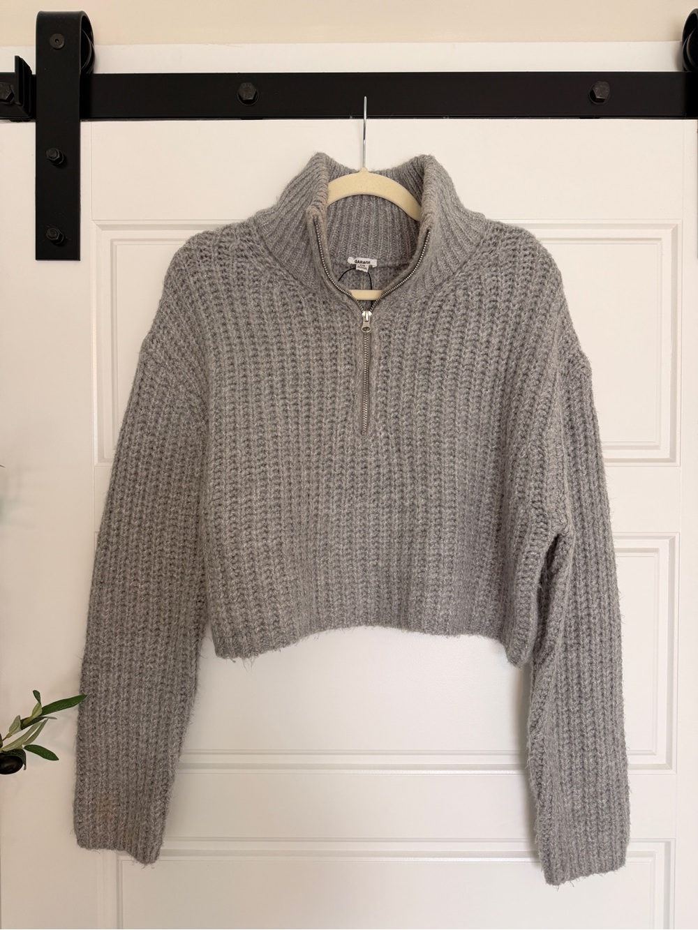 Garage Grey Cropped Ribbed Half-Zip Turtleneck Sweater